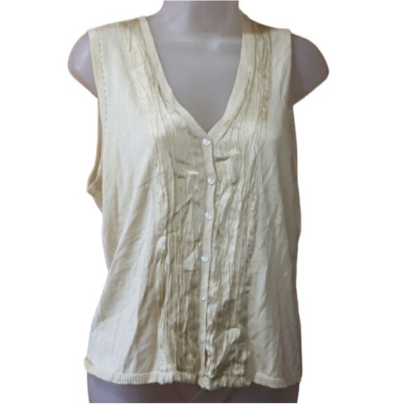 Calvin Klein Cream Pleated Yolk 100% Silk Button Down Tank Top M - Picture 1 of 13